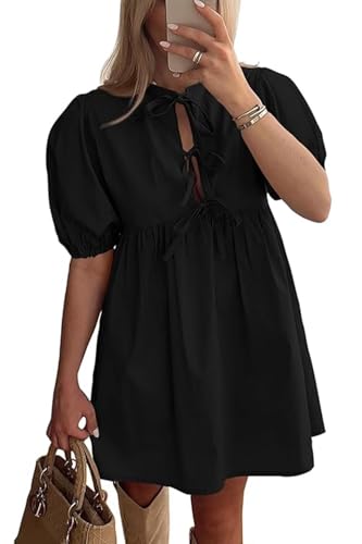 Womens Casual Dresses Short Puff Sleeve A-Line Mini Dress with Hidden Buttons for Summer