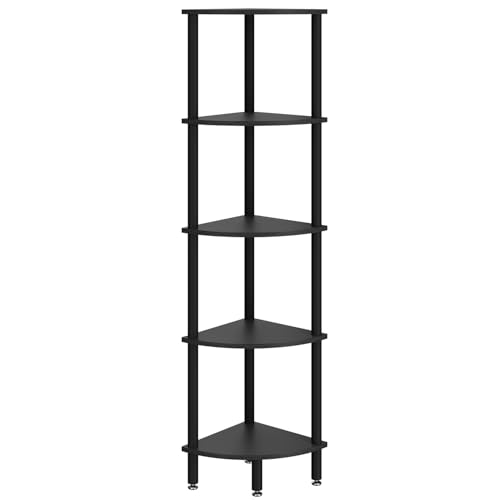IBUYKE Estante esquinero de 5 niveles, estante de exhibición de esquina industrial, estantería de esquina para sala de estar, dormitorio, cocina, oficina en casa, color negro WBC010B