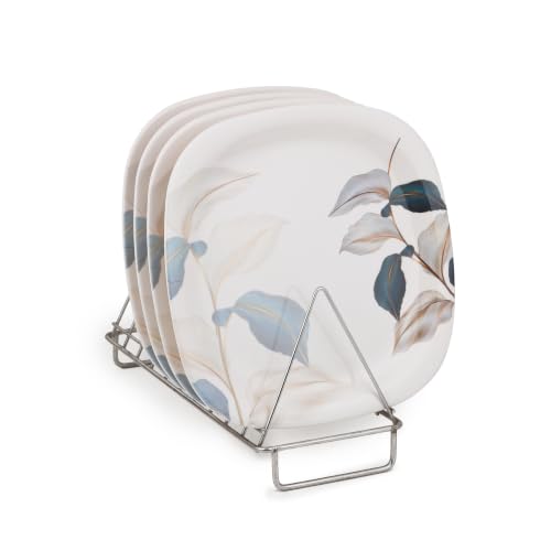 Image of Golden Fish Melamine Square Dinner Plate Set of 4 | Blue-Grey Botanical Leaf Print | Unbreakable, Dishwasher & Microwave Safe