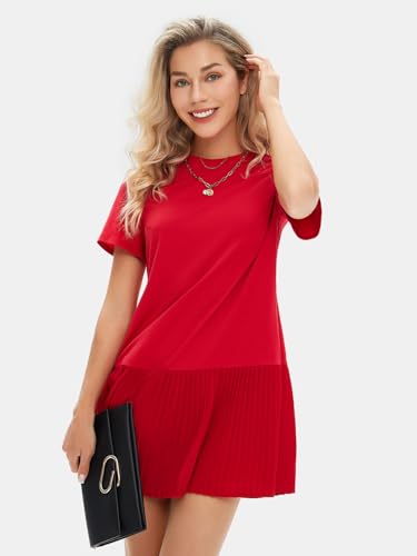 Image of EXLURA Womens Summer Casual Short Sleeve Dress Crewneck Tshirt Dresses Pleated Aline Mini Dress 2025 Vacation Beach Sundress
