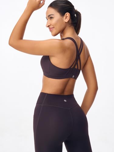 Image of Women's Strappy Sports Bras Light Compression Crop Criss Cross Back Padded Workout Yoga Bra Supportive U Neckline