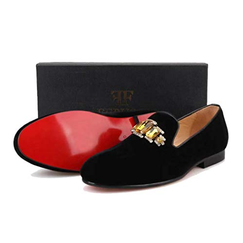 FERUCCI Handmade Men Black Velvet with Gold Crystal Brooch Slippers Loafers Flats4