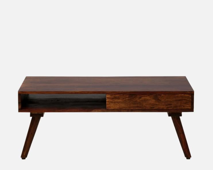 Image of Sheesham Wood Rectangular Center Coffee Table for Living Room | Centre Table with Drawer & Shelf Storage for Drawing Room, Office & Home | Teak Finish