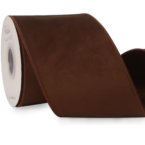 Ribbli Brown Velvet Wired Ribbon with Dupioni 4 Inch Christmas Ribbon for Gift Wrapping Christmas Tree Decoration Crafts Wreaths Supplies-Continuous 10 Yards