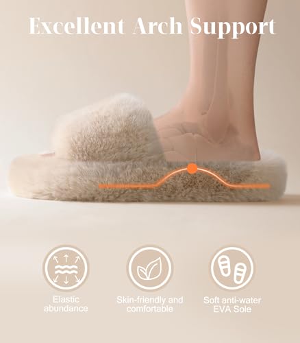 Ankis Women Camel Fuzzy Fluffy Slippers Soft Cozy Plush Memory Foam Slipper Open Toe Bedroom Comfy Platform Slippers for Womens4