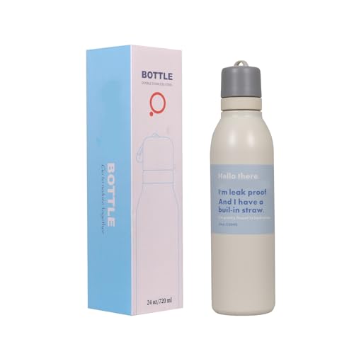 Image of Water Bottle for Office Use - Leak Proof Stainless Steel Bottle with Built-In Straw, 24oz, BPA Free, Easy Carry Loop, Durable for Daily Hydration (Ivory, 720 ML)