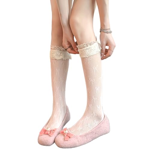 Image of White Knee High Socks, Lace Ruffle Cute Sock Lolita Stockings Kawaii Lace Top Thin Socks for Girl Women