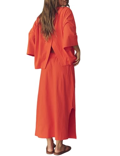 Womens Skirt Set Long Sleeve Crew Neck Casual Oversized Shirt Mid Length Skirt with Pockets Matching Set