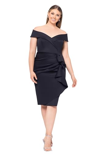 Image of Xscape Women's Bodycon Midi Off-The-Shoulder Ruffle Dress with Center Back Zipper, Petite & Plus Size