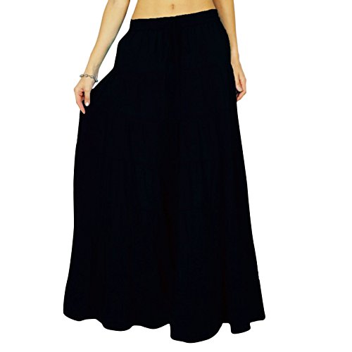 Women's Long Skirt Bohemian Gypsy Tiered Cotton Maxi Skirt Beach Wear Black