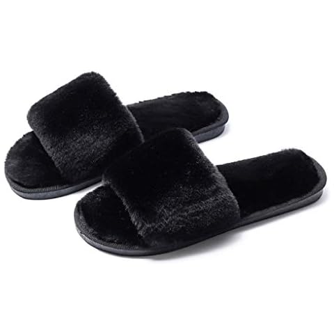 Women's Cozy Furry Slides Slippers,Soft Thickening faux-fur Slip on plush Open Toe slippers, Anti-Slip fluffy Flat Slippers,Home Indoor Spa Bedroom Shoes,9-10,black Cover