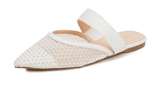 BREEZE NOUTHERLY Women's Fashion Mesh Mules Slip On Backless Slide Flats Pointed Mesh White Rhinestone Size 7.5 M US