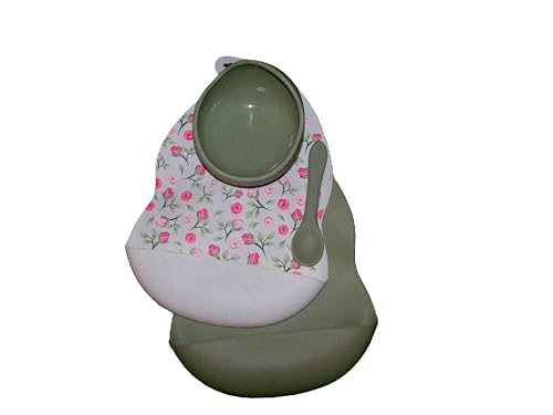 Floral Print Baby Bib with Adjustable strap, Sage and Marble with Pink Roses Pattern,Bowl and spoon included. 4 piece4