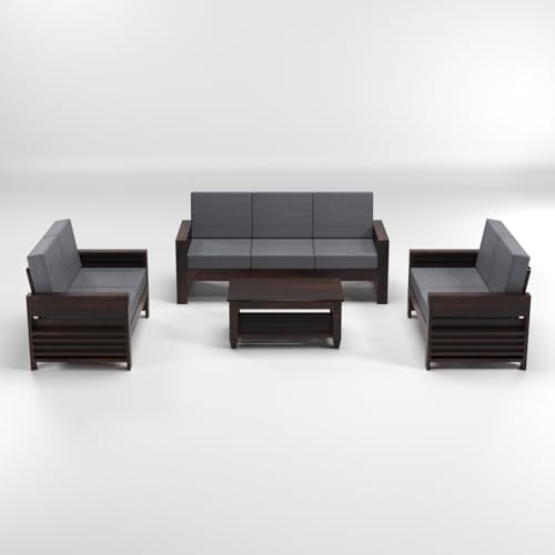 Image of Sheesham Wooden 7 Seater Sofa for Living Room | Rosewood 7 Seater Cushion Sofa with Side Teapoy for Home & Office | Solid Wood Sofa Set for Lounge (Walnut,Grey,3+2+2 Seater)