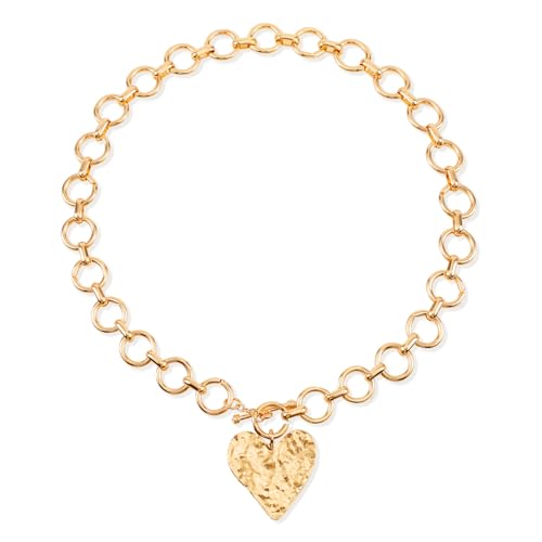 Chunky Gold Pendant Necklaces for Women, Large Statement Hammered Heart Pendant Necklace Vintage Chunky Gold Chain Necklace for Women Trendy Jewelry Gift