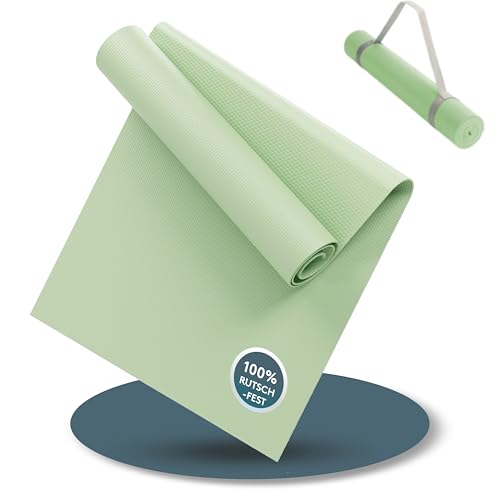 LILENO SPORTS Yoga Matte Pastel Grün (180x60cm) inkl. Tragegurt - Sport und Yogamatte extra rutschfest in 4 mm Dicke - Gymnastikmatte und Fitnessmatte für Workout und Yoga - Sportmatte für Zuhause