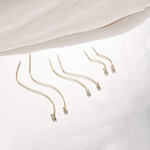 S.Leaf 18Karat Gold Plated Chain Threader Earrings for Women Trendy 925 Sterling Silver Hypoallergenic Cubic Zirconia Dangle Chain Threader Double Piercing Pull Through Earrings Women4