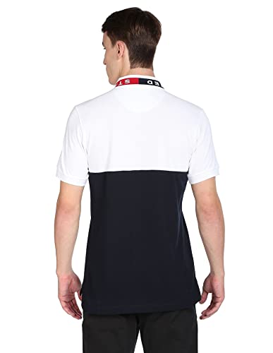 Image of Men Navy and White Colour Block Pure Cotton Polo Shirt
