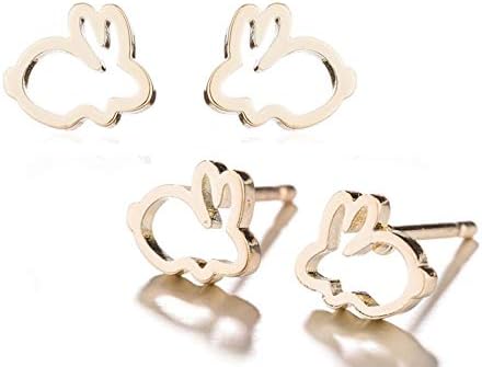 MixiuEuro Girls Children Earrings 2 Pairs 14k Rose Gold Plated Stainless Steel Tiny Bunny Rabbit Stud Earrings Jewellery Gift For Girls Child