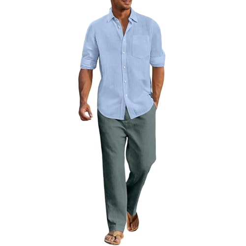 Ensemble chemise et pantalon en lin homme bleu ciel taille XL