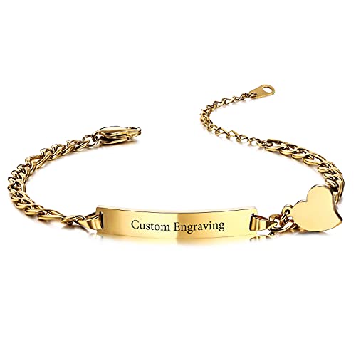 INBLUE Customized Bar Bracelets Engraved Name for Women Girls Girlfriend with Adjustable Chain Stainless Steel Jewelry Heart Charm Bridesmaid Friendship Gifts