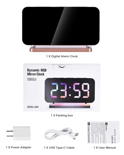 Szelam SZ-8853A-RD Rgb Digital Alarm Clock,7.4 Inch Led Mirror Desk Clocks,With Night Light,Usb C Charger Port,Auto Dimmer,5 Levels Volume,For Home Office Bedroom Bedside Table Decor thumb #8