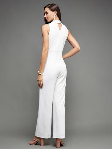 Image of Miss Chase Women's Halter Neck Sleeveless Solid Wide Leg Sequin Paneled Regular Length Jumpsuit