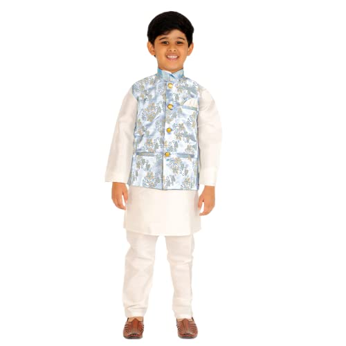 Image of Pro-Ethic Style Developer Kurta Pajama For Kids Boys With Waistcoat | Silk | Floral | Traditional Dress (S-209)