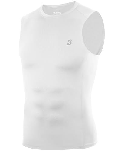 Roadbox Men’s Compression Vest Sleeveless Gym Top – Quick Dry Muscle Fit Running Vest for Workout, Training, Fitness All Season White