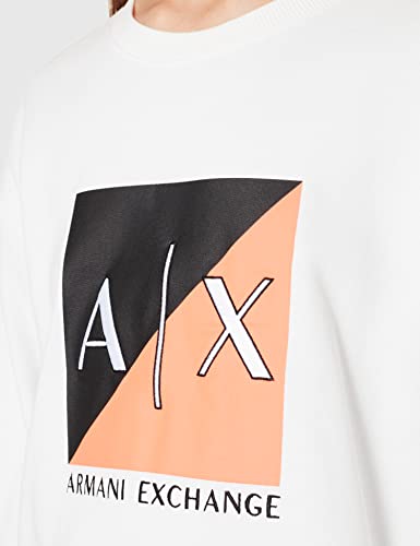 Armani Exchange Damski okrągły dekolt, Dropped Shoulder, Makcro Bicolor Print and Embroidered Logo, Bottom in Nylon. Bluza, biały, m