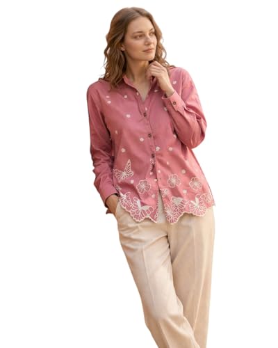 Image of Women's Cotton Embroidered Shirt Pink | Floral Embroidery Casual Shirt for Women | Button Down Full Sleeve Stylish Top
