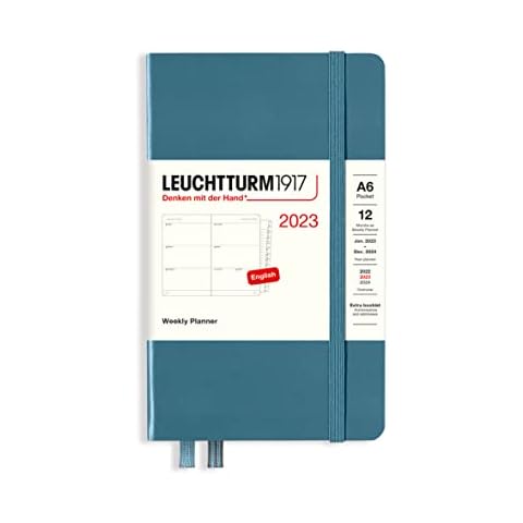 LEUCHTTURM1917 365956 Weekly Planner Pocket (A6) 2023, with booklet, Stone Blue, English Cover
