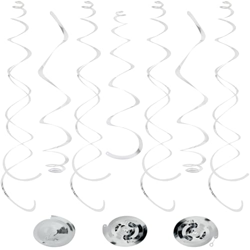 Image of 24 PCS Silver Foil Hanging Swirl, Sparkle Ceiling Hanging Decorations, Plastic Streamer Party Decorations, Swirl Decorations with Double-Swirls and Single-Swirls for Birthday,Happy New Years