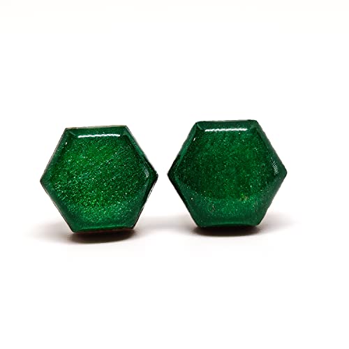 Stud Earrings, Hexagon, 10 mm, Handmade, Stainless Steel Posts for Sensitive Ears Studs for Women Girls Men (Emerald Green Shimmer Hexagon)