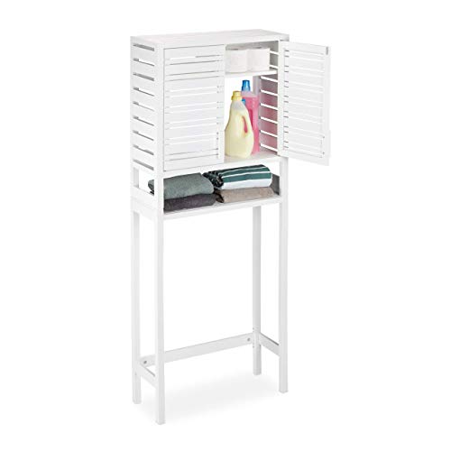 Relaxdays Armario para la Lavadora, Mueble Alto, con Puertas, Bambú, Blanco, 165 x 66 x 26 cm