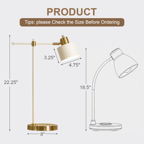 Image of OYEARS 22.2 inch Modern Desk Lamp, Metal Table Lamp with LED Bulb, Adjustable Reading Lamps for Living Room, Mid Century Nightstand Lamp for Home Office, Industrial Bedside Lamps, Cream and Gold