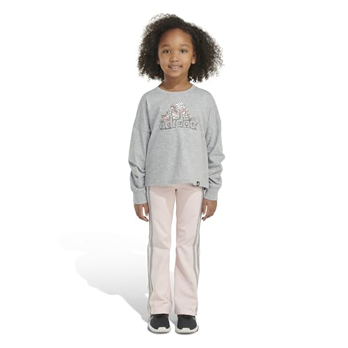 adidas Girls' 2-Piece Long Sleeve Graphic Tee & Flare Pant Set, Grey Heather Pink, 43