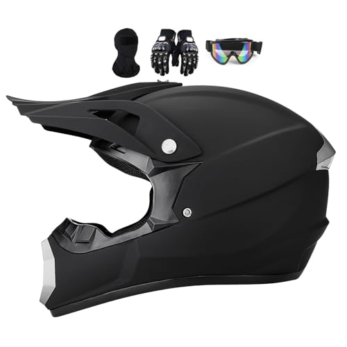 Motorradhelm MTB Helm Fullface Kinder 7-14, Motocross Herren Damen, Jugend Integralhelm Crosshelm Motorrad MTB Enduro Quad ATV Downhill Helm, Mit Brille Handschuhe(Black,M(54-55CM))