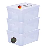 Lieferumfang: Drei Aufbewahrungsboxen mit Deckel, Volumen 16 Liter, der Marke Novaliv. Die Klarsichtbox wird hergestellt in Deutschland, 100 % Neumaterial Polypropylen.