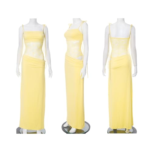 Image of Unybwonn Lace Maxi Dress Sexy Sheer Sleeveless Bodycon Mesh Long Dresses Cut Out Spaghetti Strap Wedding Guest Dress