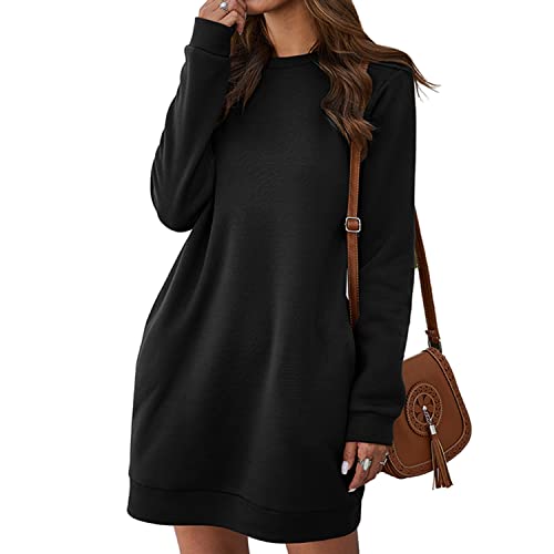 Homgro Women's Sweatshirt Dress Solid Long Sleeve Pullover Shirt Winter Warm Soft Mid-Thigh Length Tops Fashion Casual Streetwear Black Large #TOP4