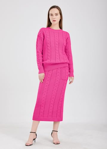 Image of chouyatou Women Winter Casual Chunky Cable Knit Long Pencil Skirt 2 Piece Outfit Oversized Pullover Sweater Sets