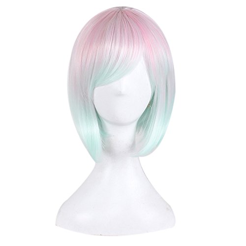 MOCOO Short Bob Halloween Wigs Full Straight Cosplay Hair Colorful Synthetic Wigs for Women Party ( Pink Light Blue ) with Wig Cap JF066PK
