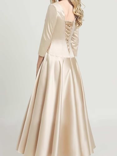 Satin Tea Length Mother of The Bride Dresses for Wedding 3/4 Sleeves A-line Pleated Formal Evening Gown 20242