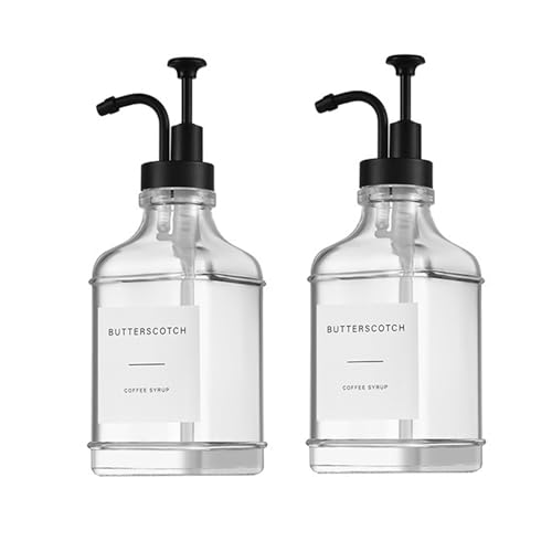 Dispensador de Jarabe de café 2pack con 36 Etiquetas y Bomba Dorada, Botellas de Jarabe Vidrio 500ml organización para Accesorios, Cocina, Caramelo, Vainilla, Arce, dispensador de jabón
