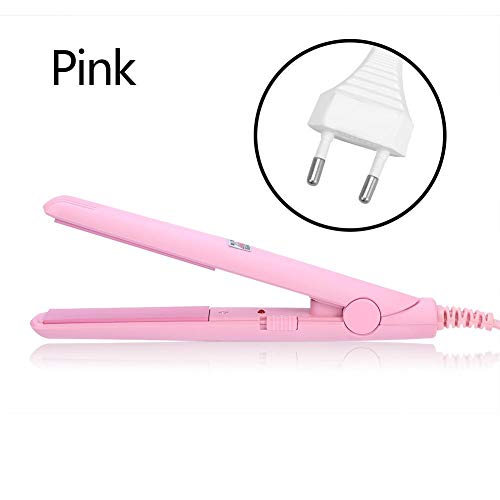 Mini plancha de pelo, rizador de calefacción de hierro plano de turmalina de cerámica portátil 2 en 1 para rizar enderezar flequillo, cabello ondulado, cabello corto(Rosado)