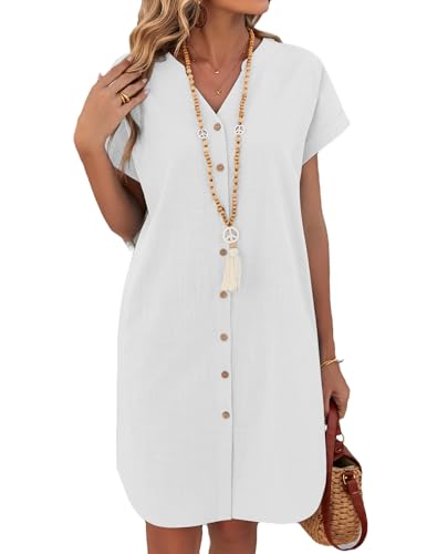 Zeagoo Robe Chemise Femme Été Courte Robe en Lin Manches Courtes Ample Décontractée Robes Col V Blouse Robes à Poche Blanc L