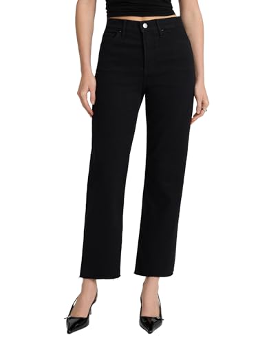 EXPRESS Women’s Straight-Leg Ankle Jeans – High Waisted Stretch Denim, Raw Hem – Black