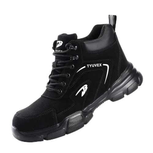 TYUVEX Botas de seguridad para hombre y mujer, botas de trabajo, impermeables, con puntera de acero, ligeras, cómodas, zapatillas de seguridad antideslizantes, Black, 36 1/3 EU