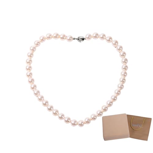 yeeplant Collar de perlas de concha natural para mujer, 3 piezas de cuentas blancas redondas de 10 mm, joyería anudada a mano, 45 cm de longitud, incluye caja de regalo y bolsa para el día de la madre